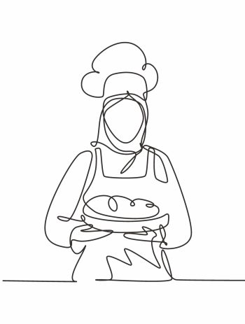 Continuous one line drawing of young beauty woman chef in uniform serving main dish to customer